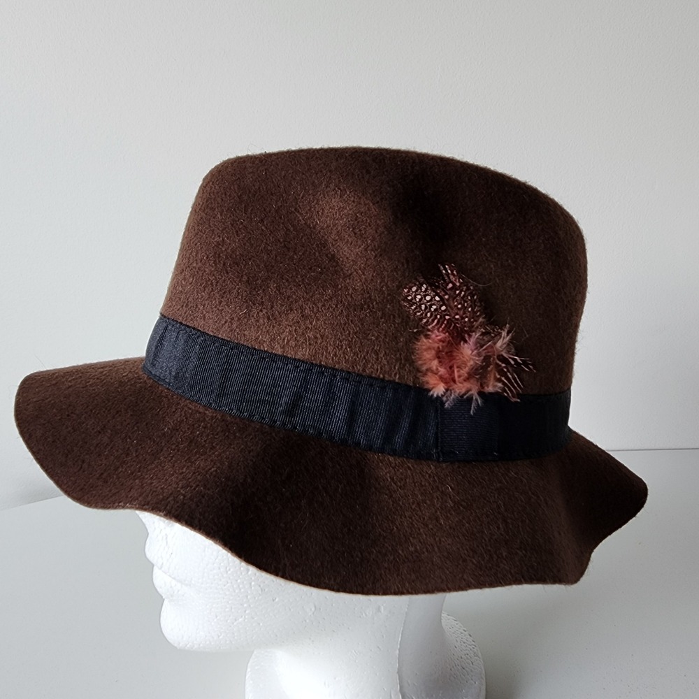 100% Wool Fedora Hat Floppy Unstructured Ribbon Band Feather Felt Bucket Brown